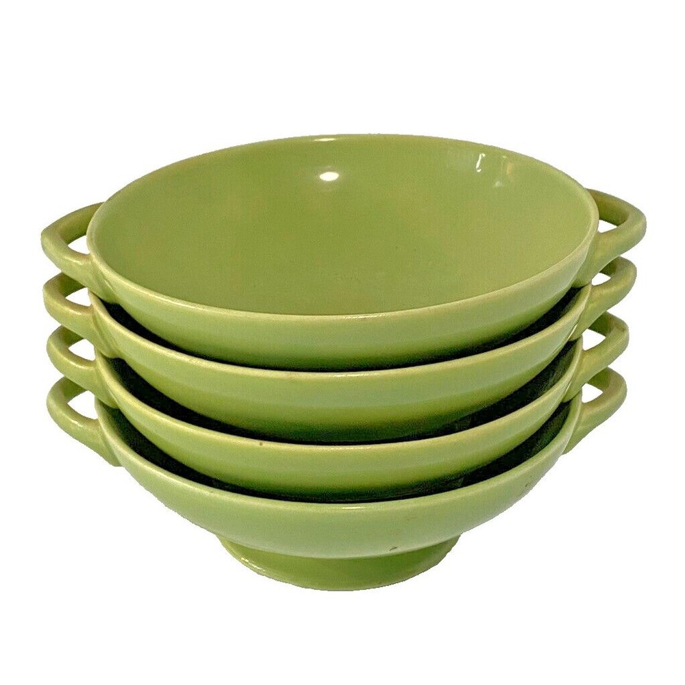 Vintage MCM Avocado Green Handled Soup Bowls Set 4 Pacific Pottery USA